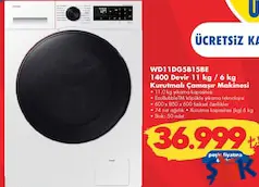 SAMSUNG WD11DG5B15BE 1400 DEVİR 11 KG / 6 KG KURUTMALI ÇAMAŞIR MAKİNESİ